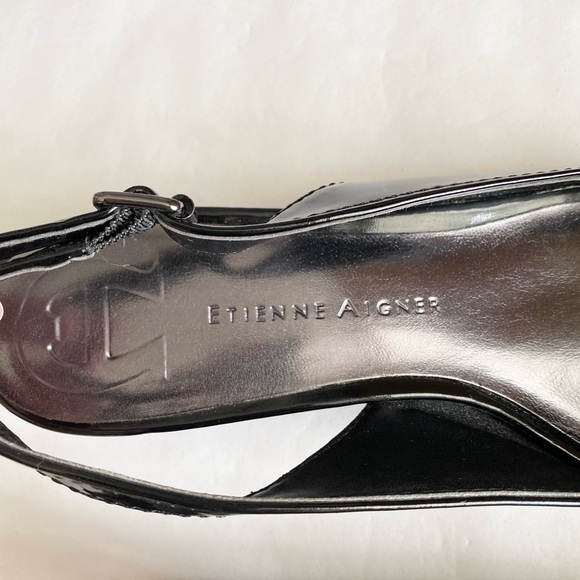Etienne Aigner Black Patent Peep-Toe Slingback Heel with Bow - Picture 7 of 8